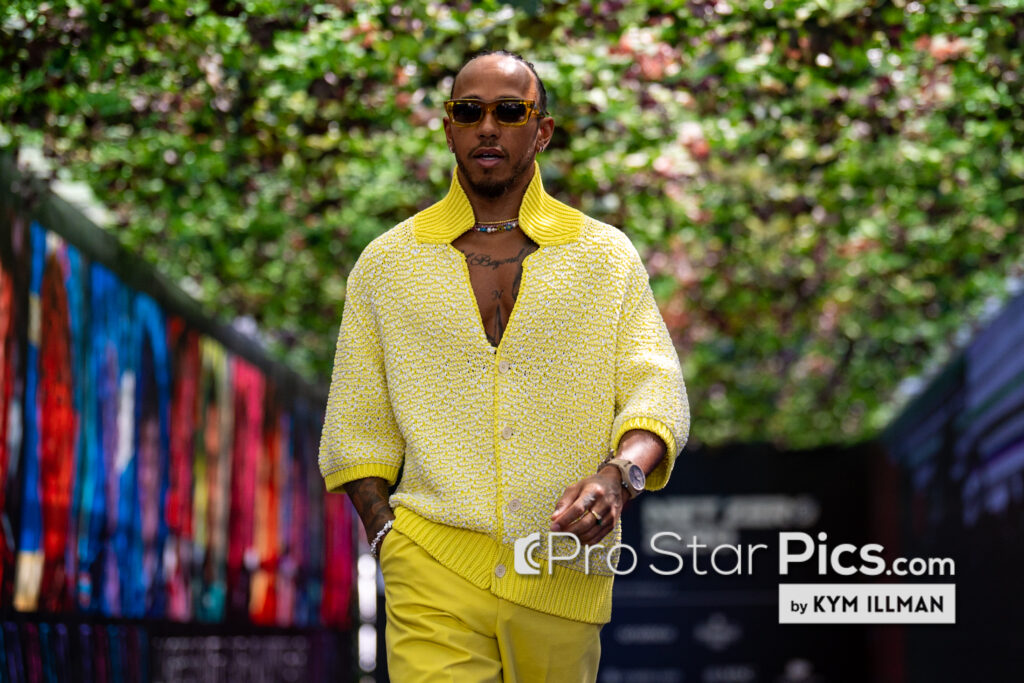 British F1 driver Lewis Hamilton walks in the paddock at the 2023 Azerbaijan Grand Prix