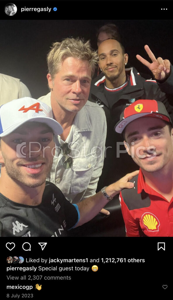 Brad Pitt attends the F1 drivers meeting and Brad Pitt poses with Lewis Hamilton, Pierre Gasly and Charles Leclerc