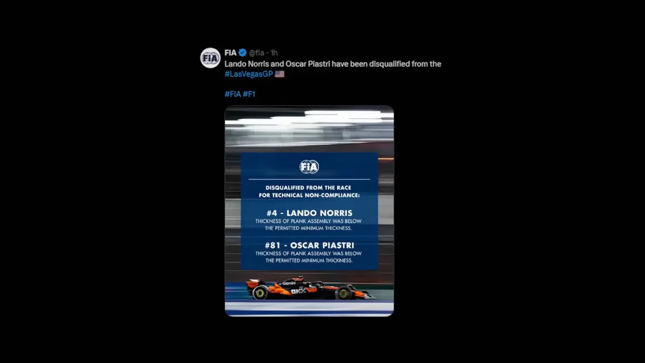 FIA disqualification announcement graphic for McLaren cars at the Las Vegas Grand Prix