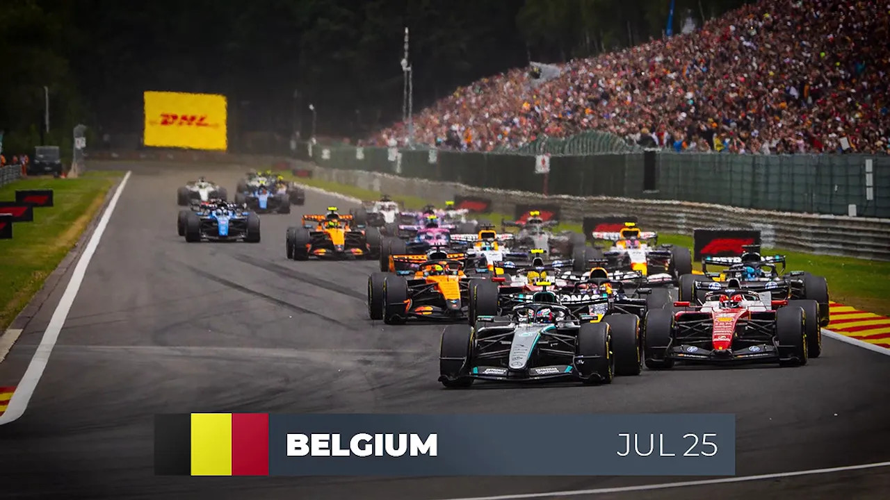 Formula 1 cars racing at Spa-Francorchamps with Belgium July 25 graphic