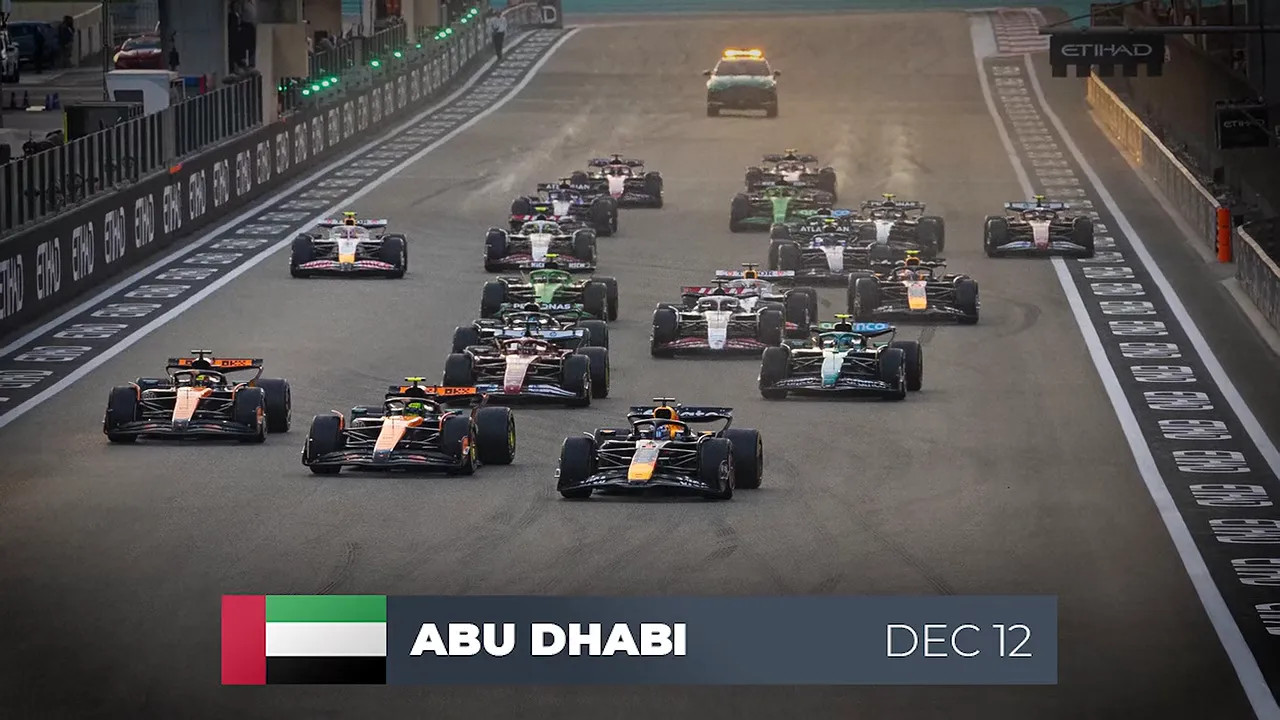 Formula 1 cars starting the Abu Dhabi Grand Prix with Abu Dhabi December 12 graphic
