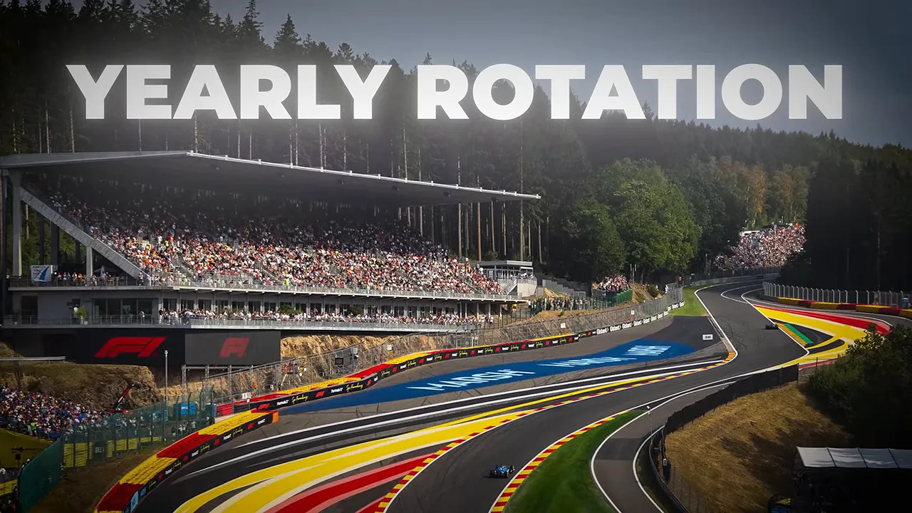 Spa-Francorchamps circuit with grandstands, forest and yearly rotation text