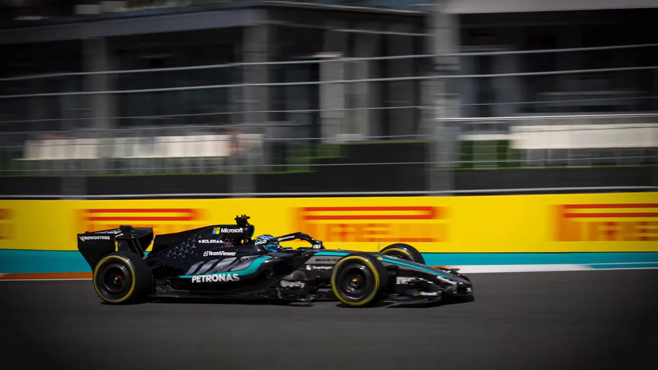 Mercedes F1 car speeding past in Miami GP qualifying