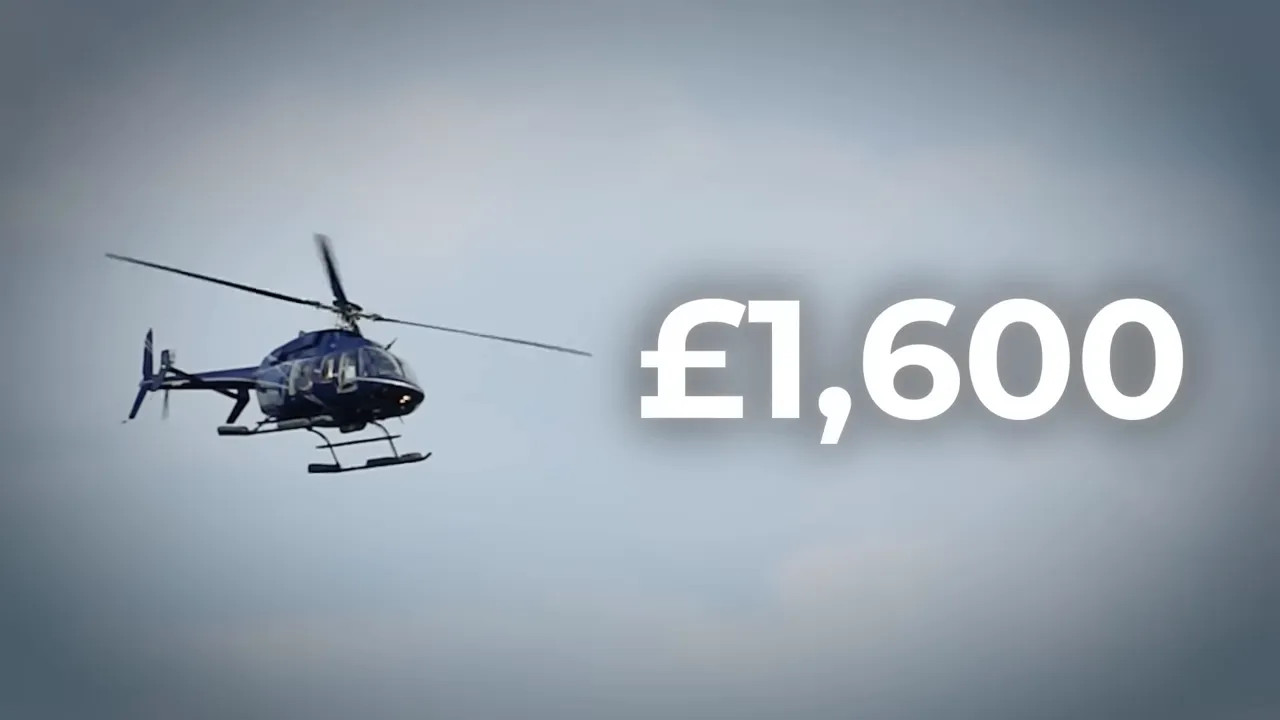 Helicopter in flight with large white text reading 1600 pounds