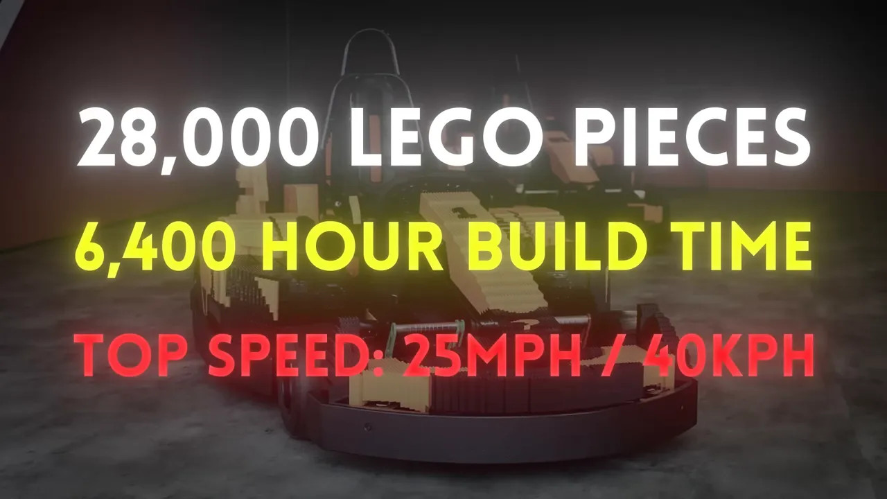 On screen text showing 28000 LEGO pieces 6400 hour build time and top speed 25mph 40kph