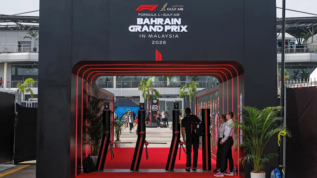 Entrance arch displaying Bahrain Grand Prix in Malaysia 2026 branding