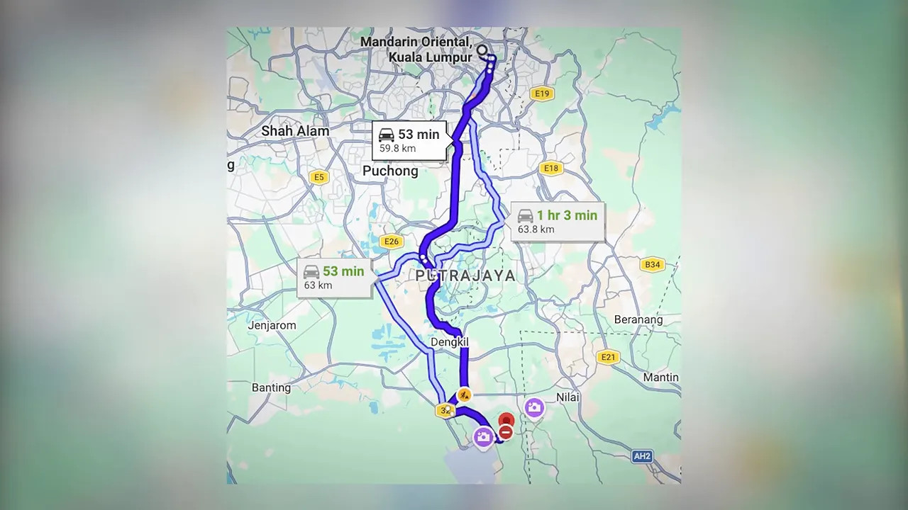 Map showing a highlighted road route from Kuala Lumpur toward Sepang