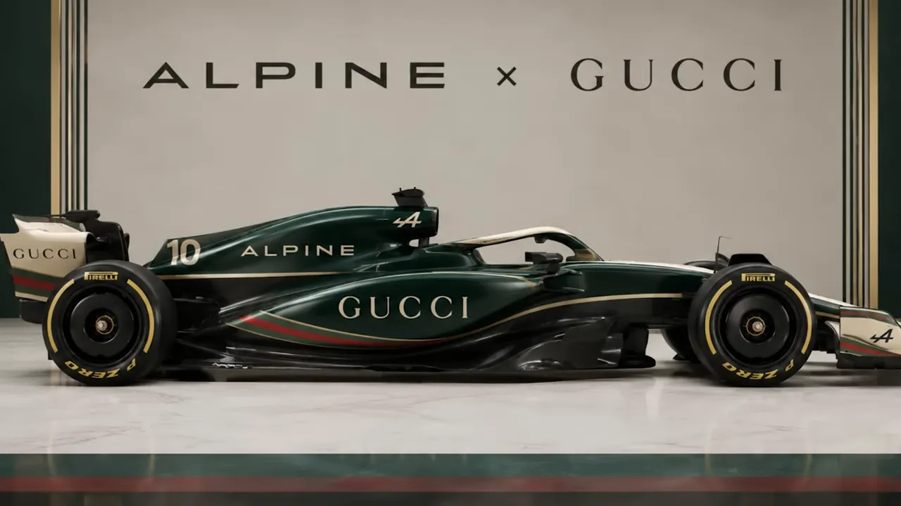 Alpine x Gucci Formula 1 car mock-up in white green and red livery