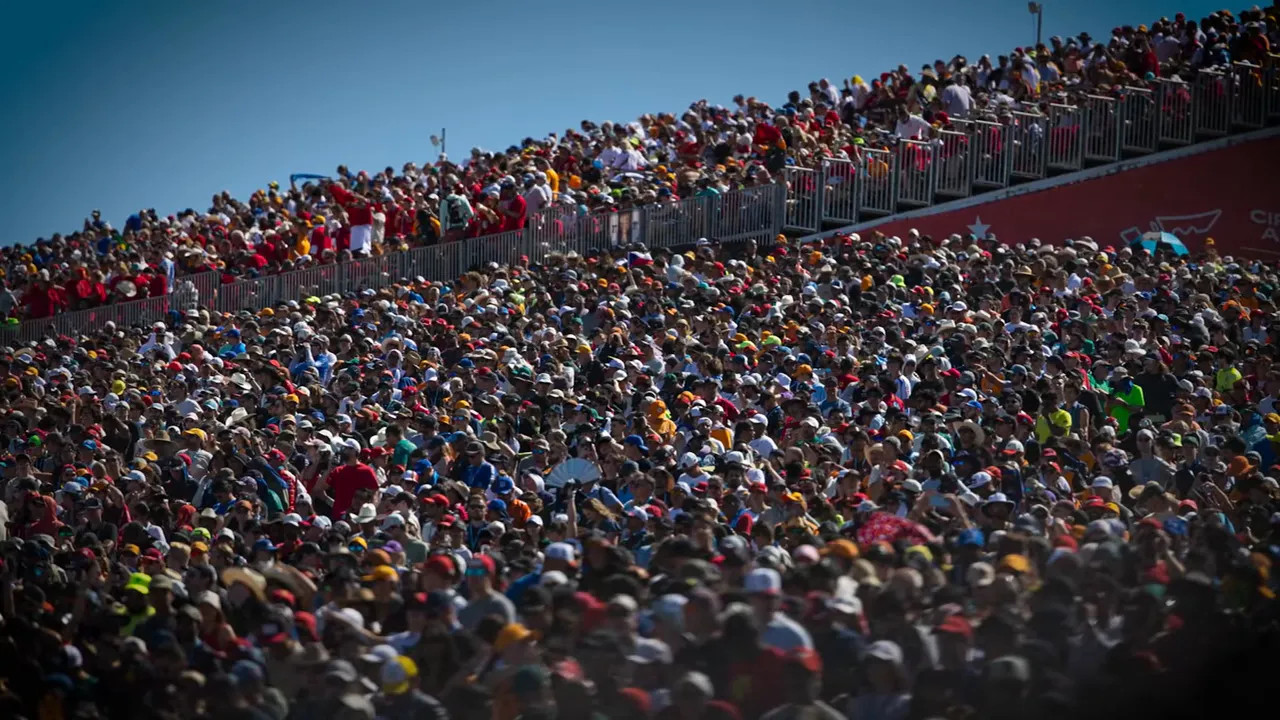 Crowd-filled grandstands at the Austin GP