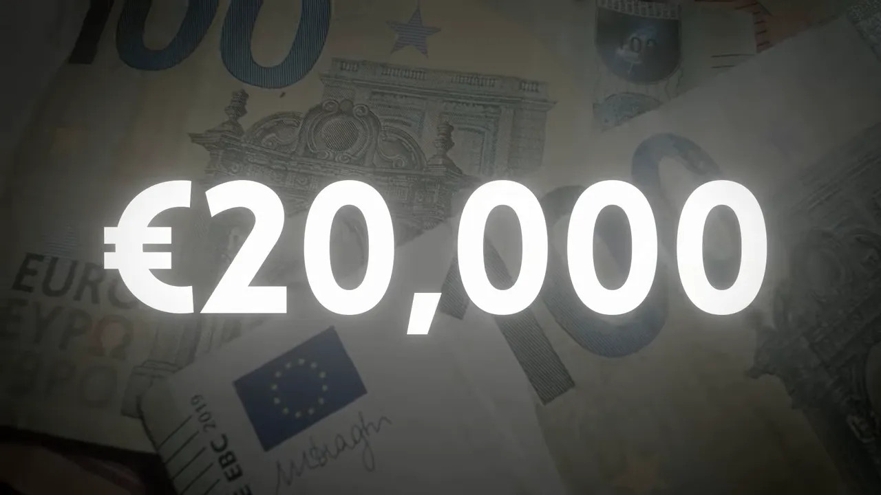 large white 20000 euro text over euro banknotes