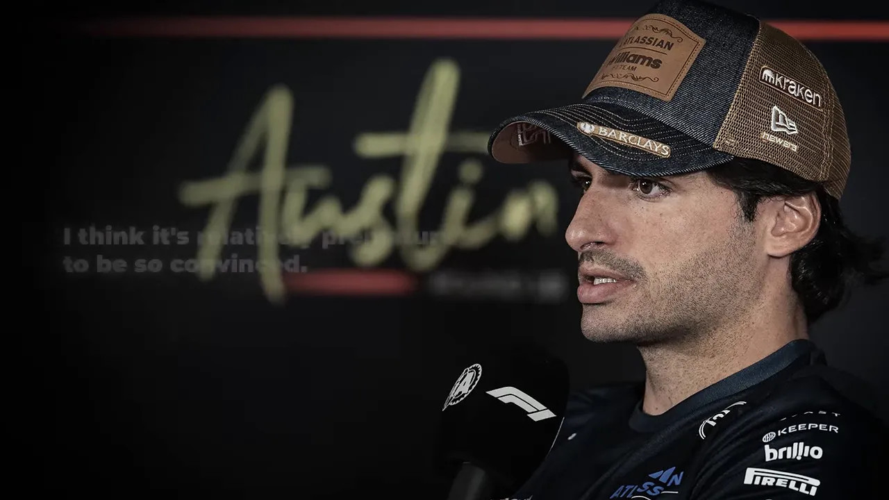 Carlos Sainz beside on-screen text saying it is relatively premature to be so convinced