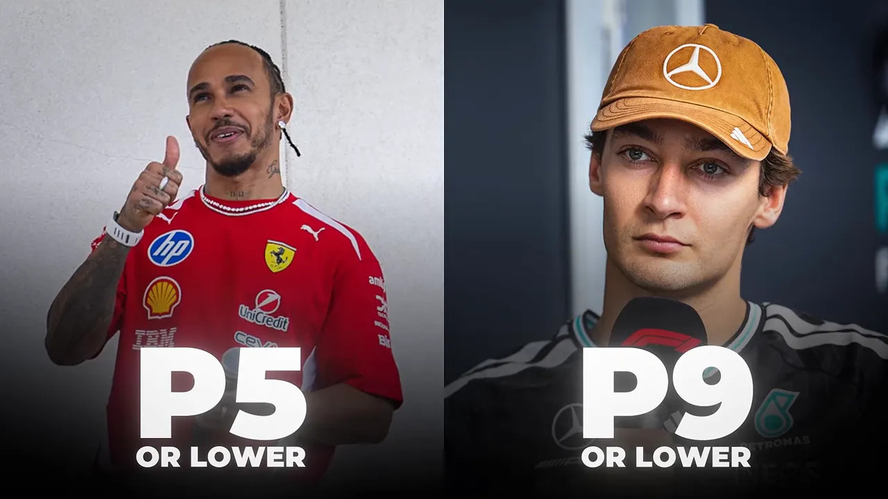 Graphic showing Lewis Hamilton with P5 or lower and George Russell with P9 or lower