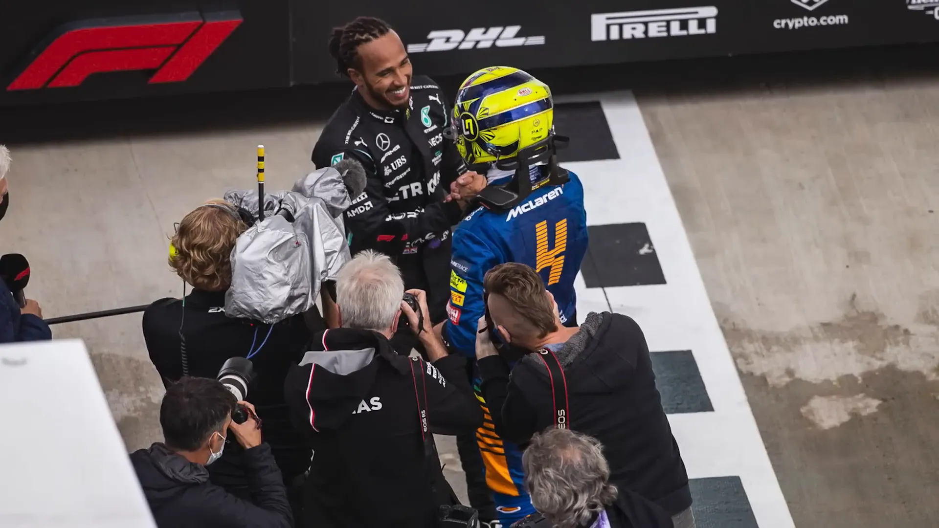 Lando Norris congratulates Lewis Hamilton