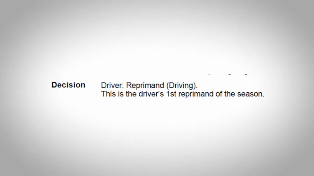Document excerpt reading 'Decision Driver: Reprimand (Driving). This is the driver's 1st reprimand of the season.'