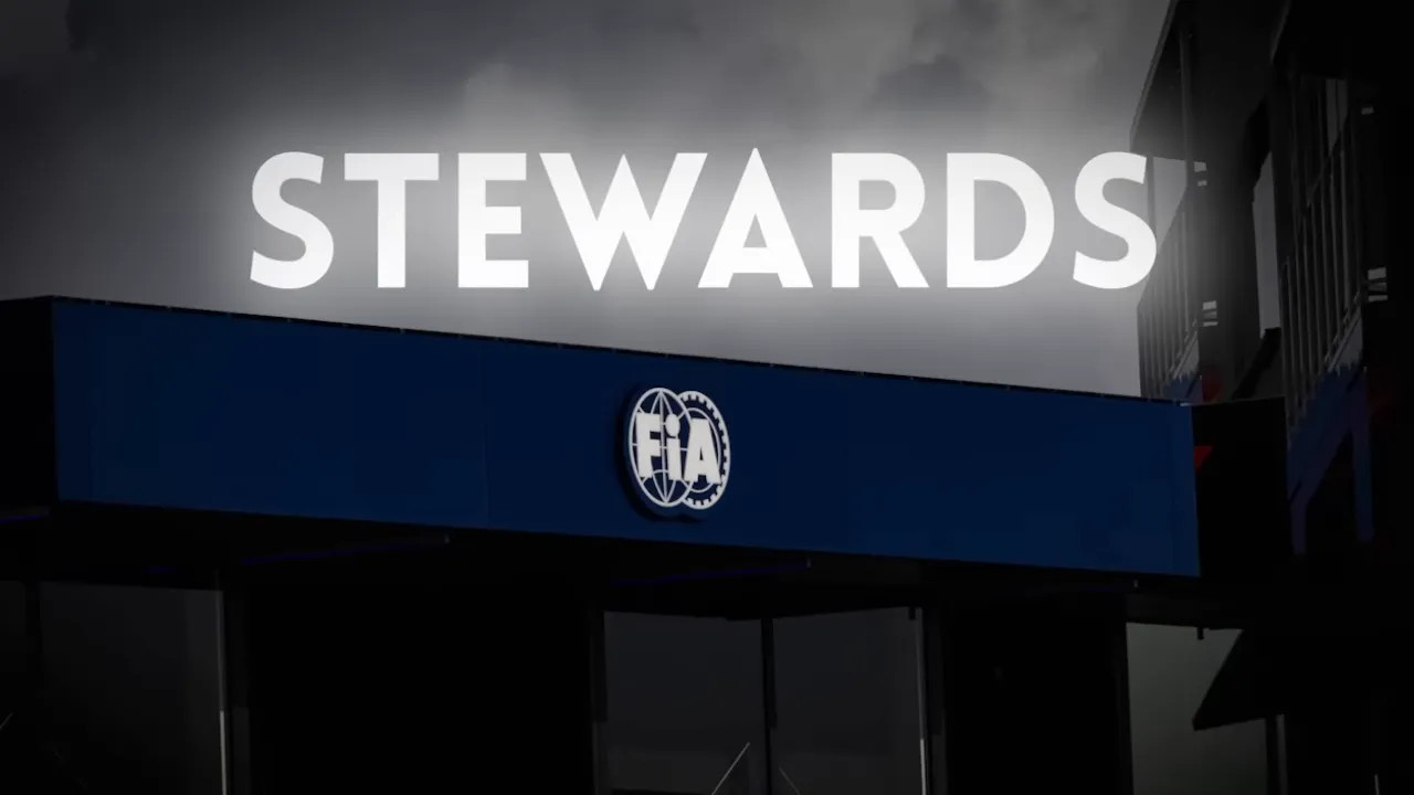 High-contrast title card with the word 'STEWARDS' over an FIA building sign.