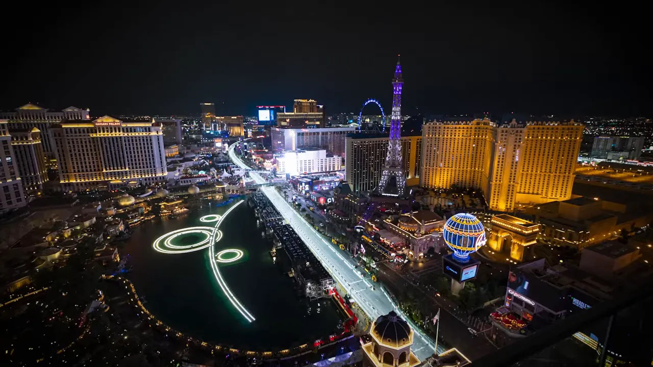 Aerial night view of the Las Vegas Strip and hotels during the Las Vegas Grand Prix weekend