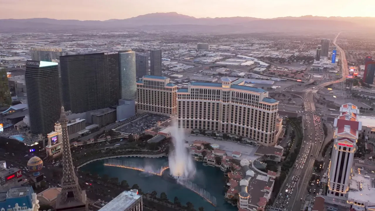 Aerial view of the Las Vegas Strip and the Grand Prix venue area with hotels and roads during race weekend