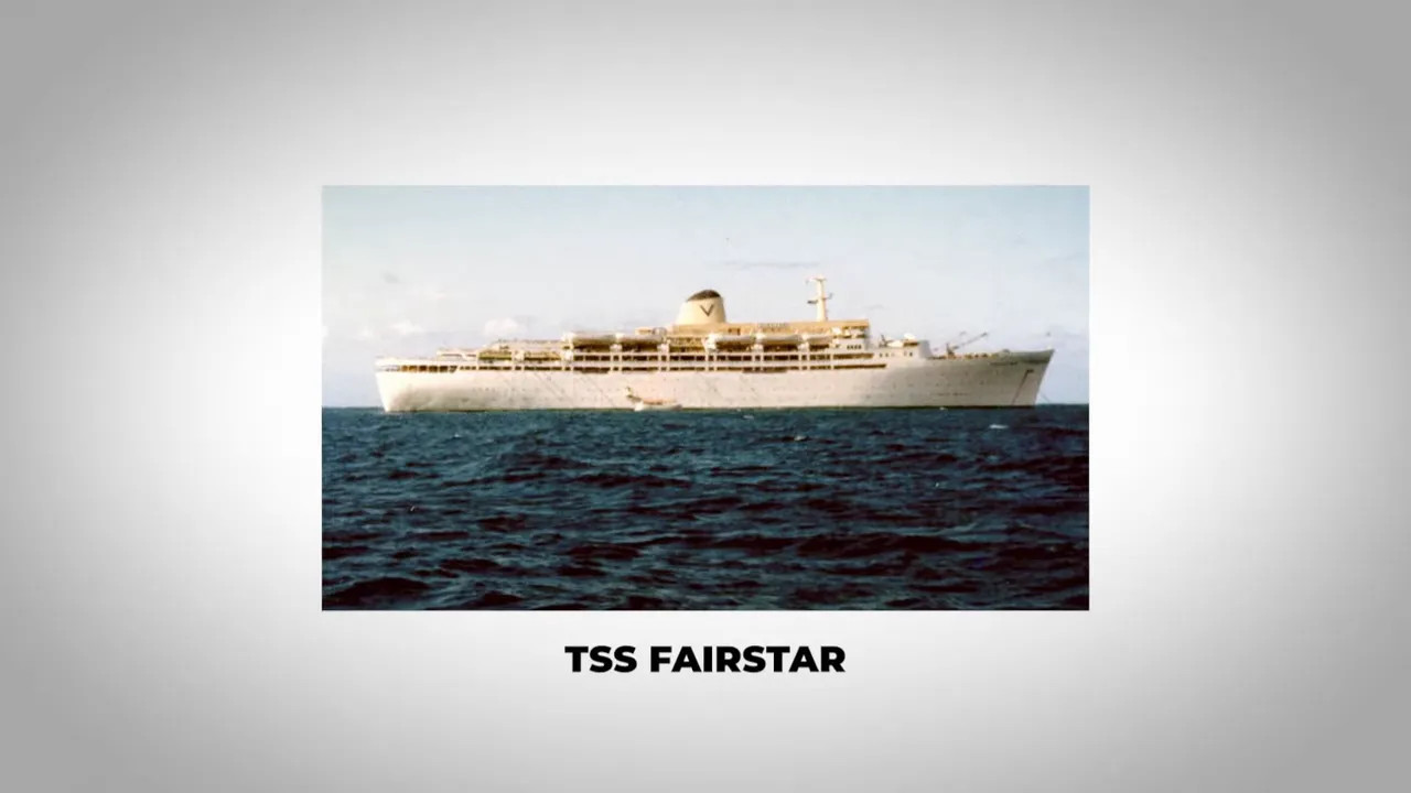 Photograph of the Fairstar cruise ship with its name printed below