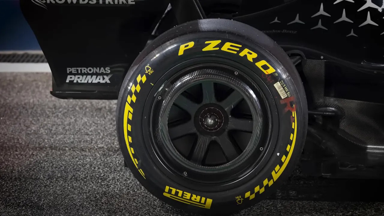 close-up of Pirelli P Zero tyre and exposed carbon rim on an F1 car during testing
