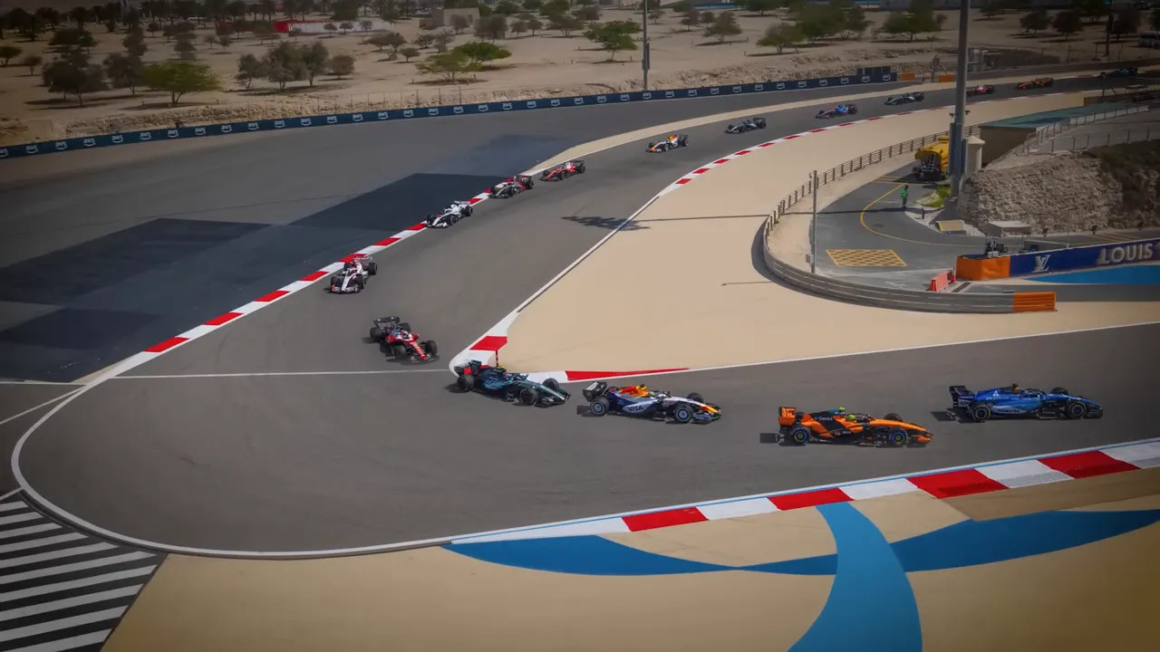 Multiple F1 cars tightly bunched through a corner during Bahrain testing