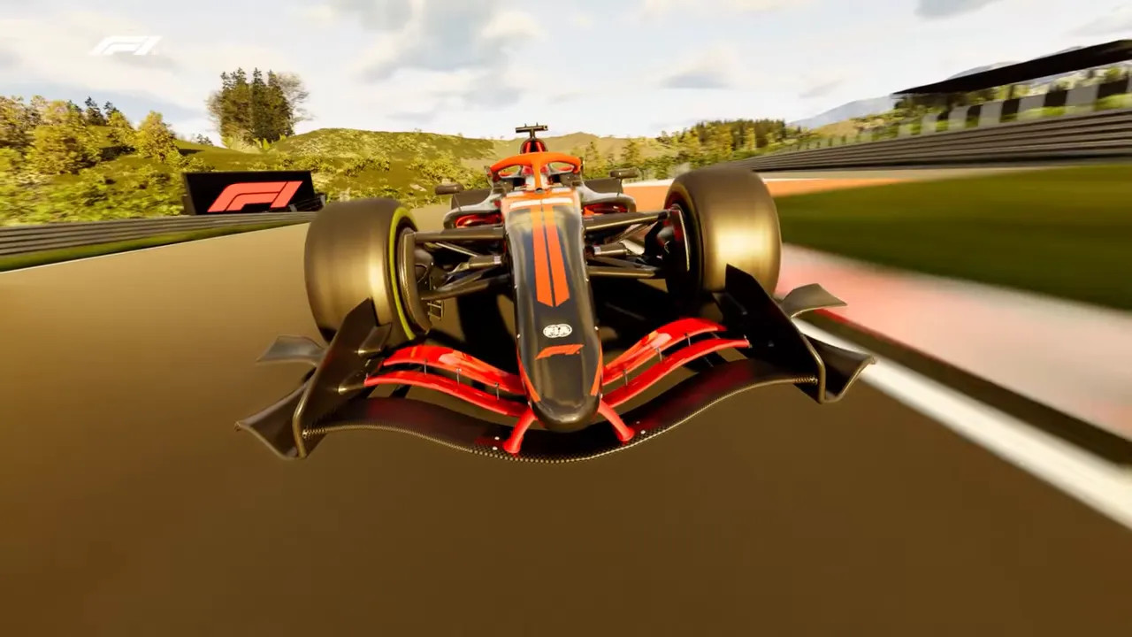 Close-up front view of a concept F1 car showing multi-element front wing and movable flaps