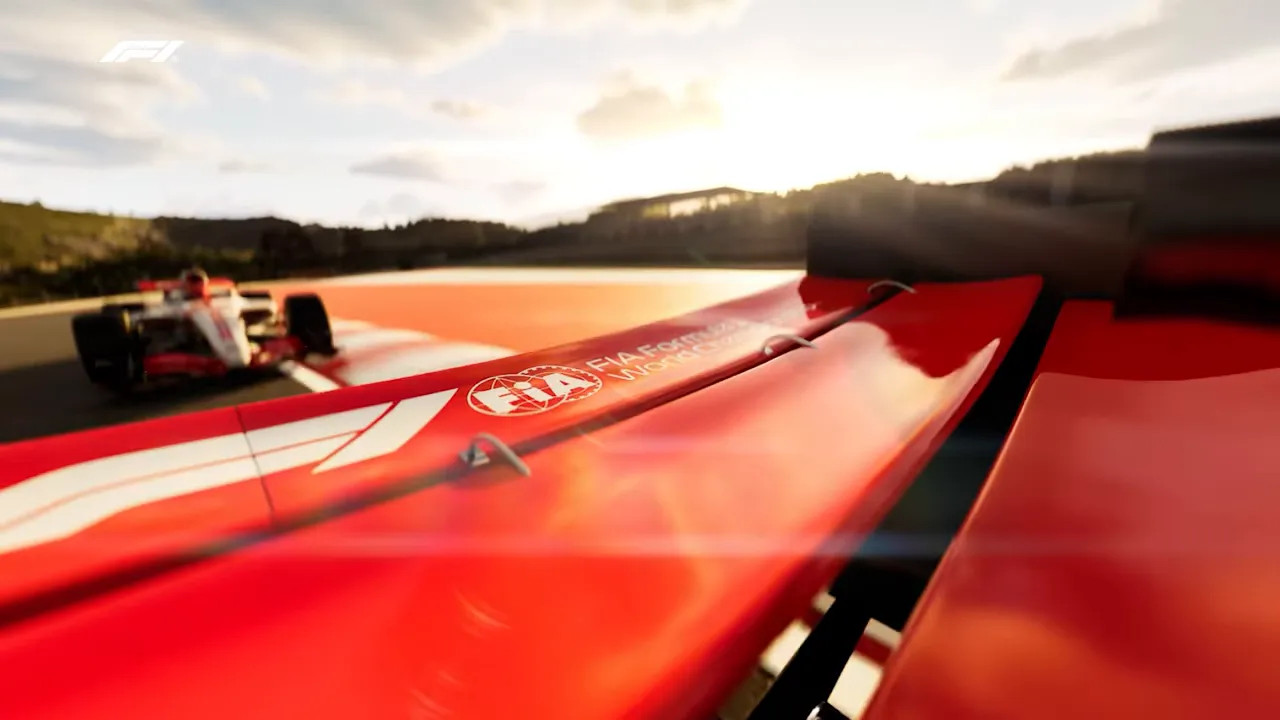Close-up of an F1 wing surface and flap with FIA logo, showing aerodynamic elements
