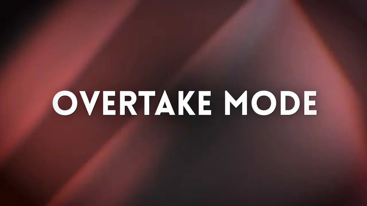 Graphic title card reading 'Overtake Mode' on a blurred red background