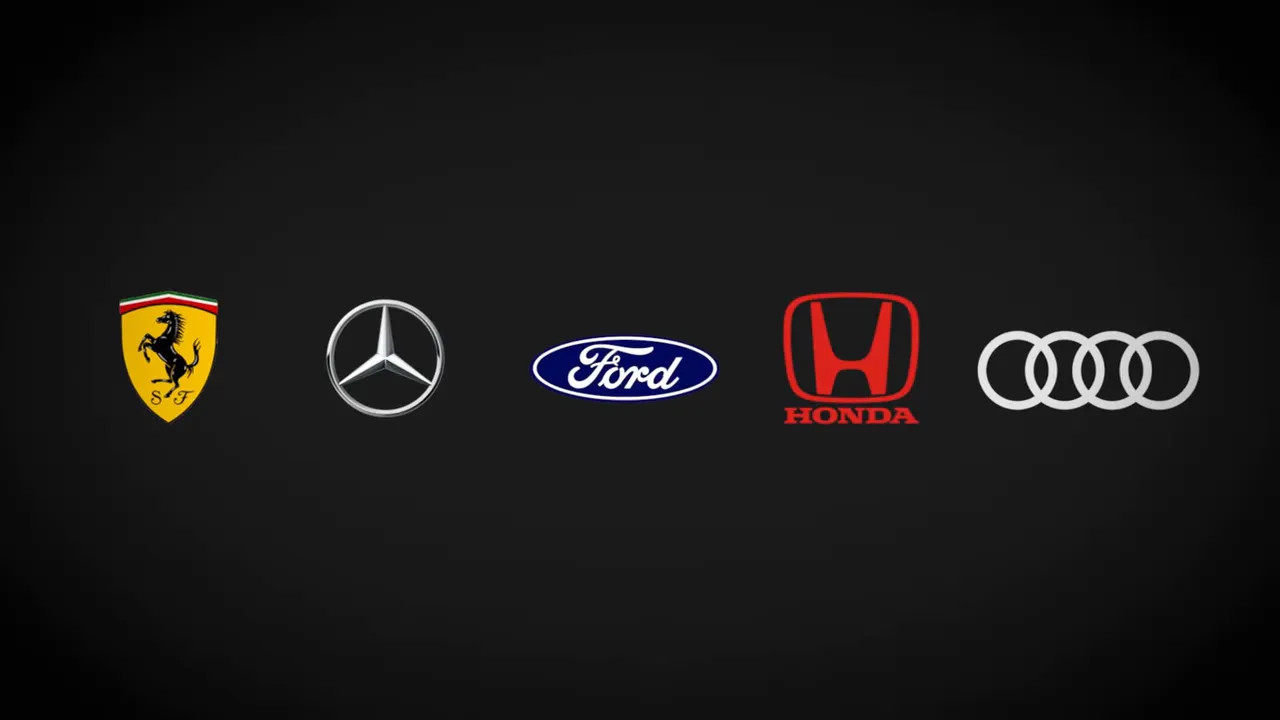 Logos of Ferrari, Mercedes, Ford, Honda and Audi on a dark background.