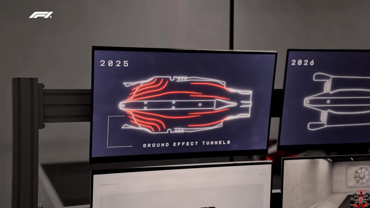 Monitors displaying a ground-effect tunnels diagram for an F1 car