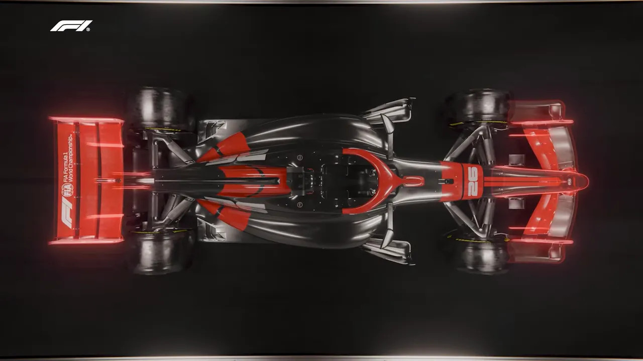 Top-down render of 2026 Formula 1 concept car showing body shape, front and rear wing layout