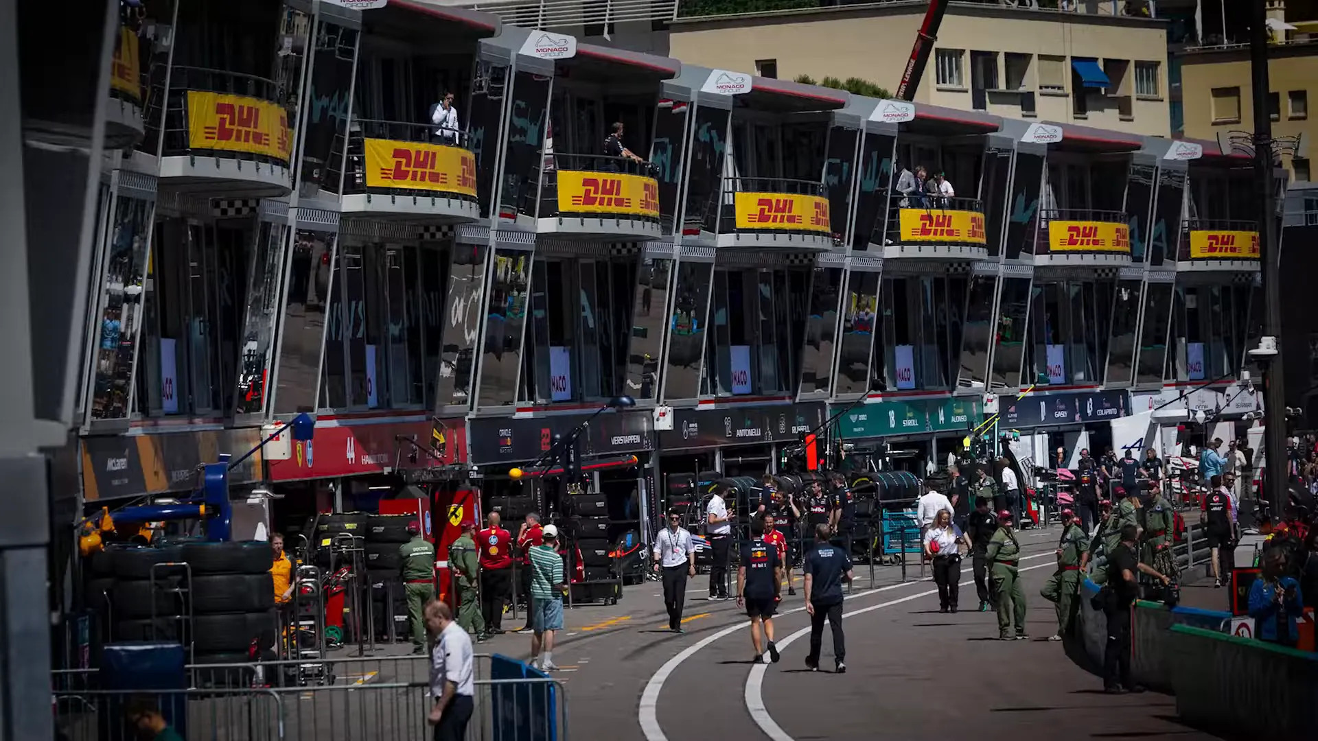 Tight paddock at Monaco with truck parking far from the circuit