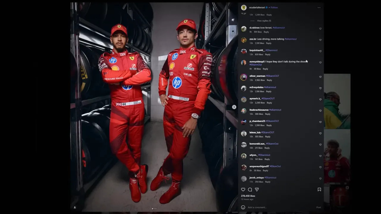 Instagram post showing two Ferrari drivers side-by-side with a visible comments column including #ElkannOut replies