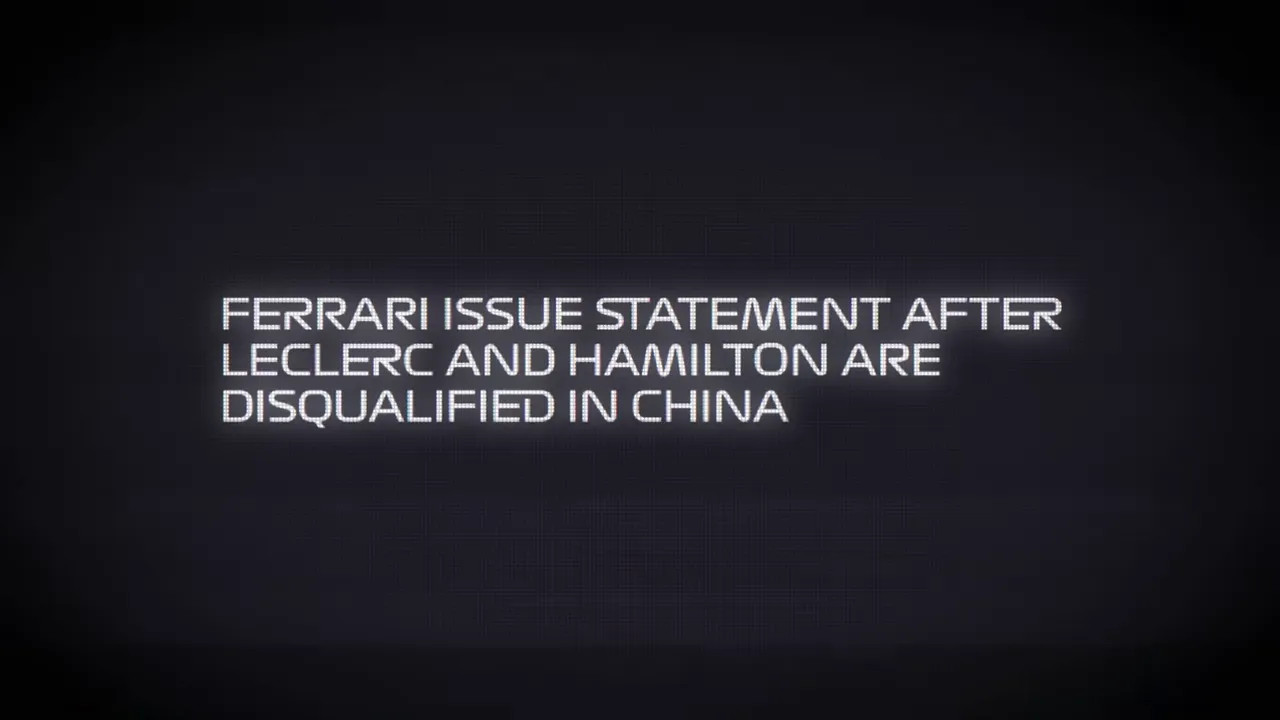 On‑screen headline about Ferrari being disqualified in China