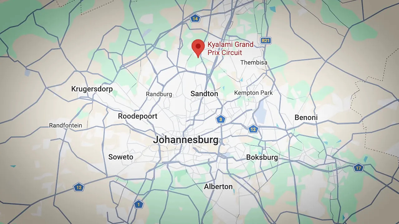 Map showing Johannesburg and a marker for Kyalami Grand Prix Circuit