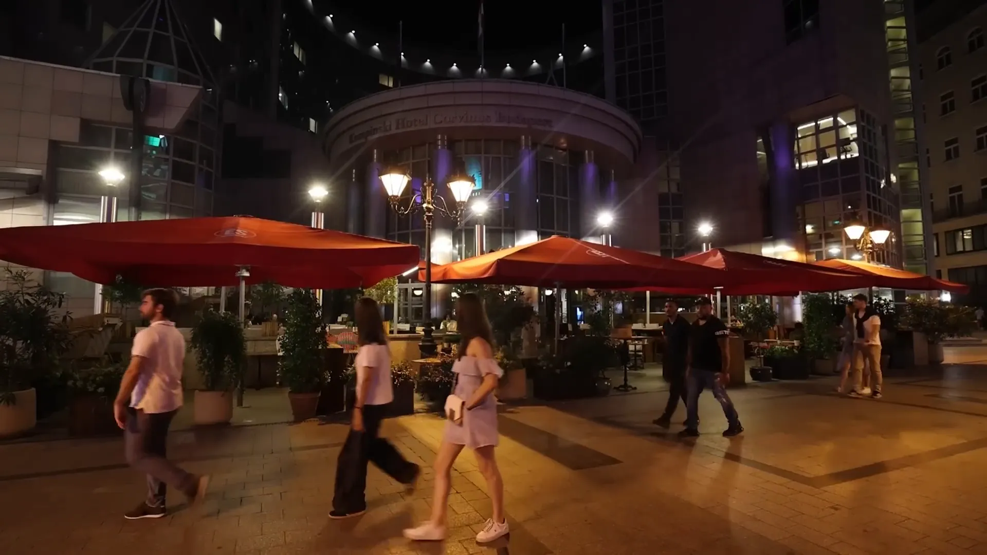 Bars and live music area in front of Budapest Ferris wheel
