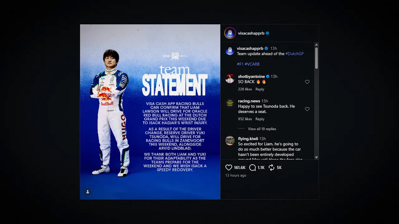 Visa Cash App Racing Bulls statement graphic with Yuki Tsunoda in race suit