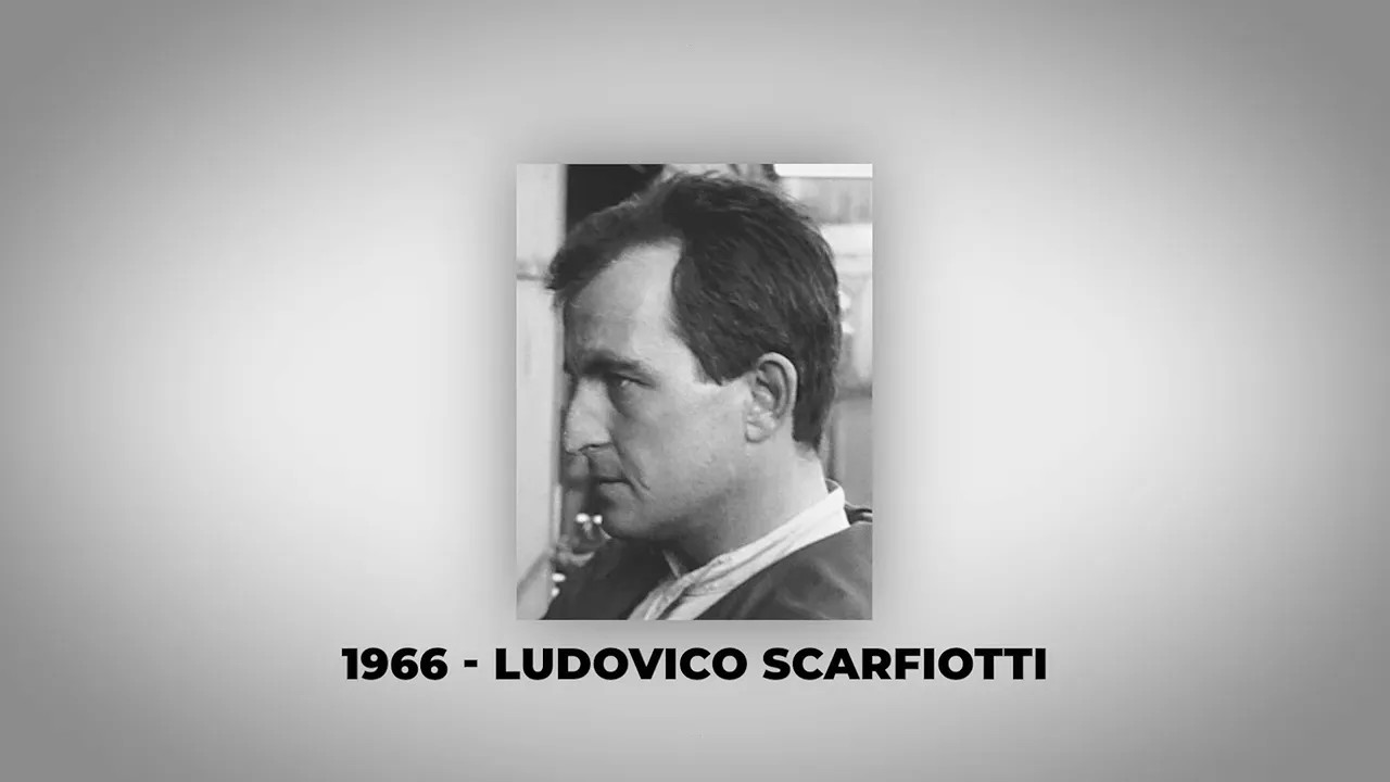 Black and white portrait of Ludovico Scarfiotti with text reading 1966