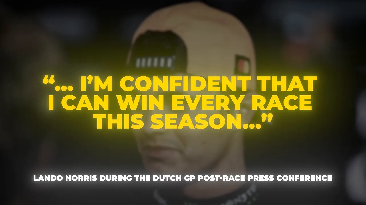 Graphic displaying Lando Norris quote about being confident he can win every race this season