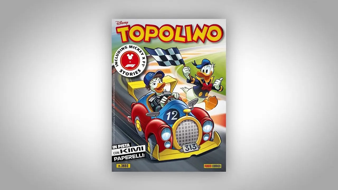 Topolino comic cover featuring a racing cartoon character