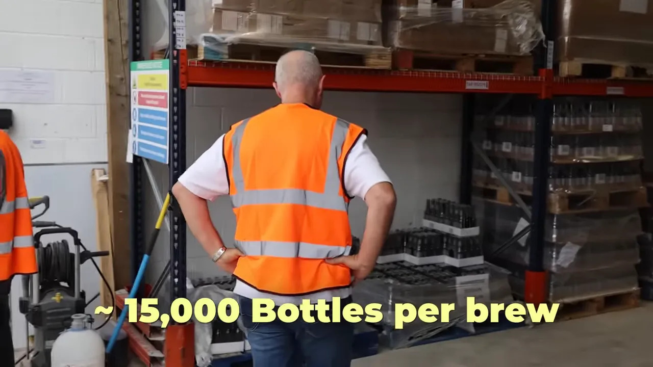 Warehouse pallets with text stating approximately 15,000 bottles per brew