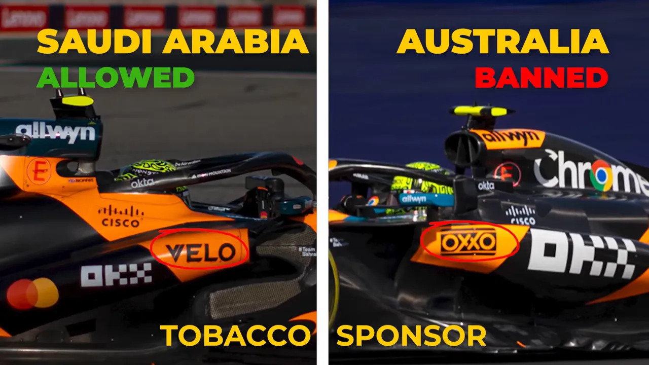 Comparison graphic showing tobacco sponsor allowed in Saudi Arabia and banned in Australia
