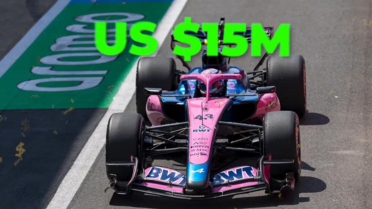 Pink and blue Formula 1 car viewed from above with US $15M text