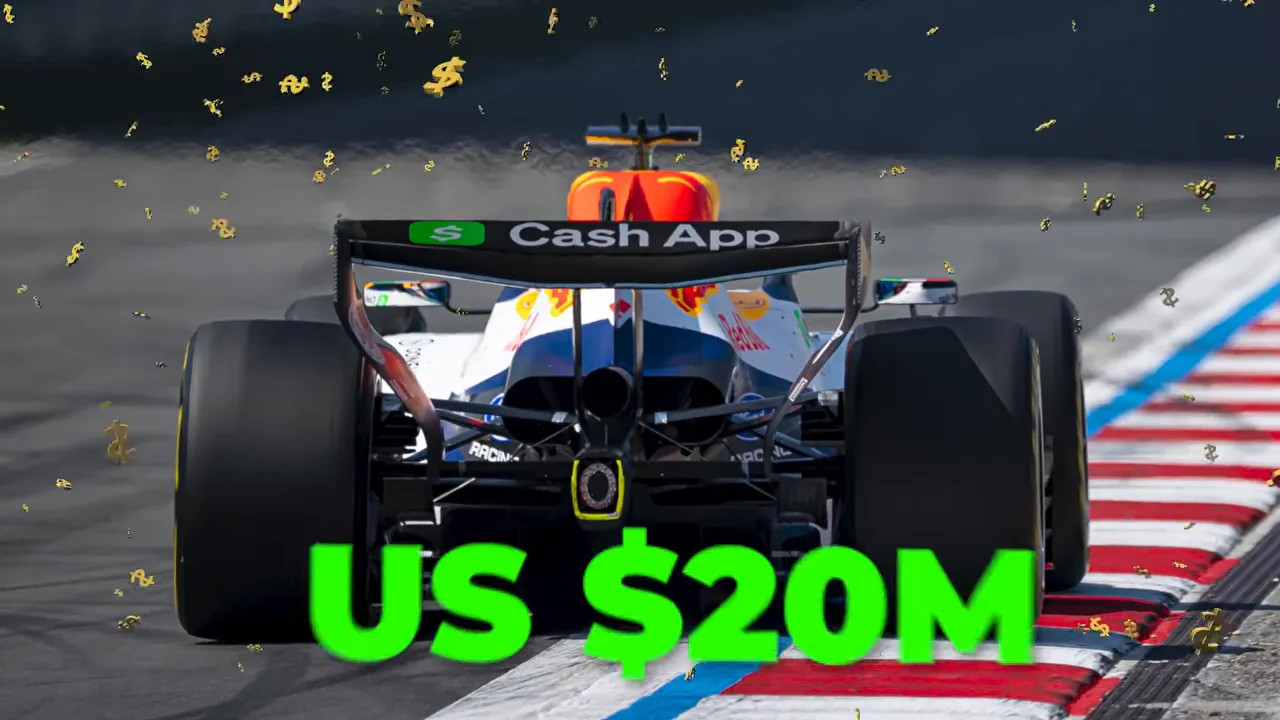 Rear view of a Visa Cash App Formula 1 car with US $20M text