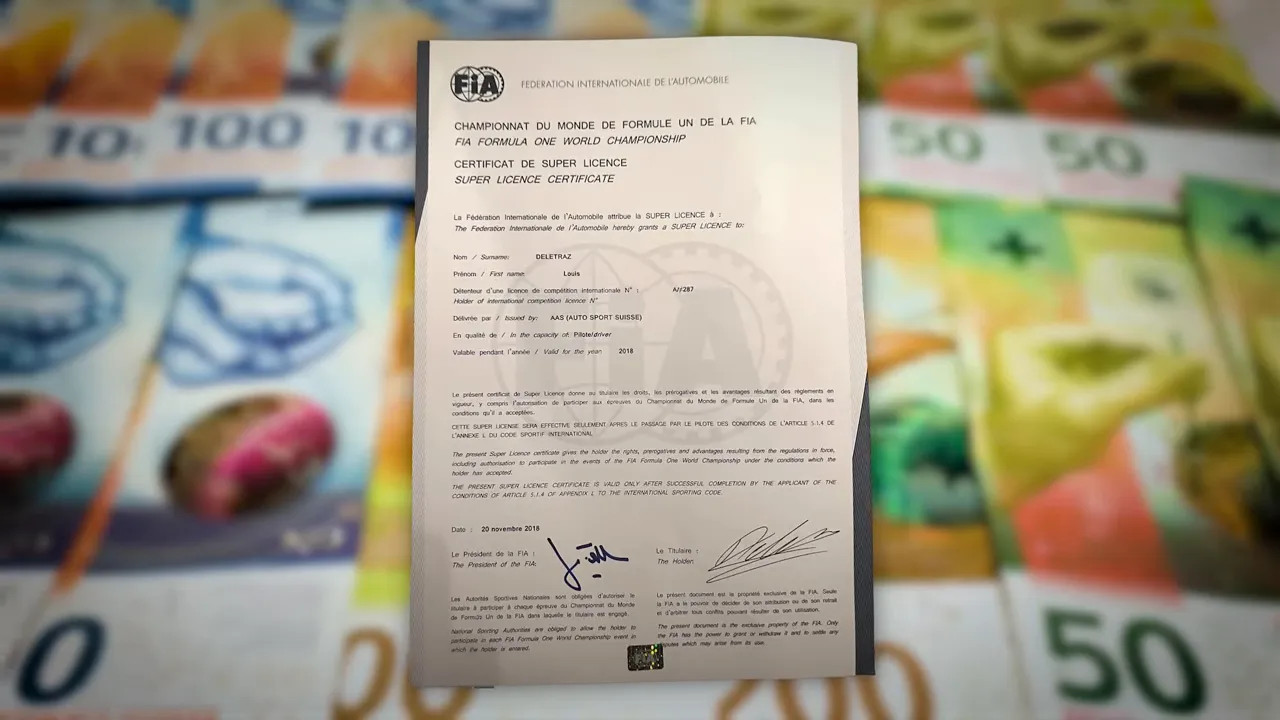 FIA Super Licence certificate on top of blurred banknotes