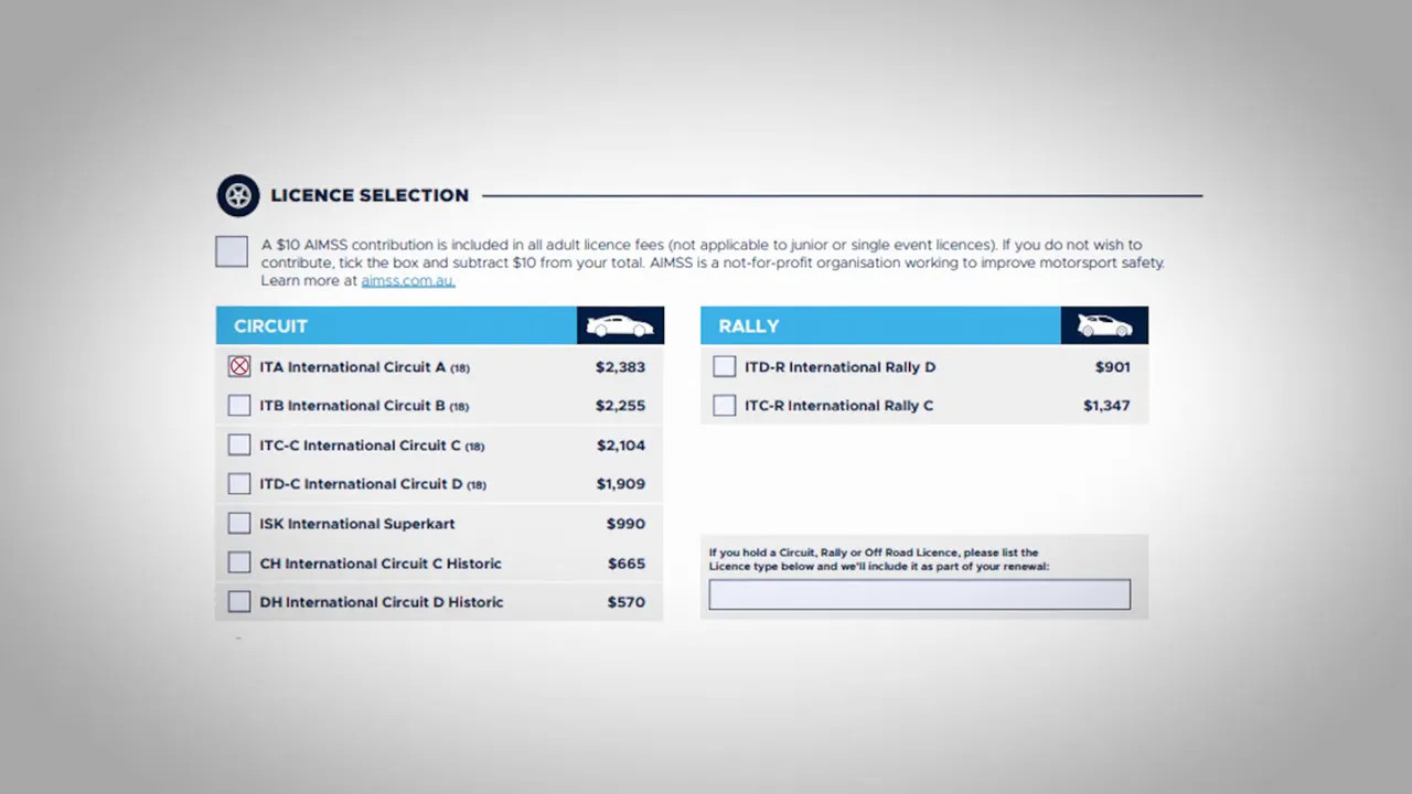 Licence selection form listing circuit and rally licence categories with fees