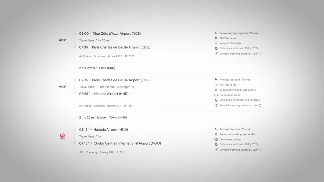 Detailed flight itinerary screenshot with departure times, layovers, and airport codes including Nice, Paris, and Haneda
