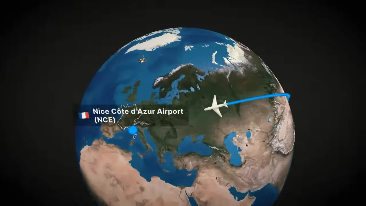 Map graphic showing Nice Côte d’Azur Airport (NCE) along a flight path