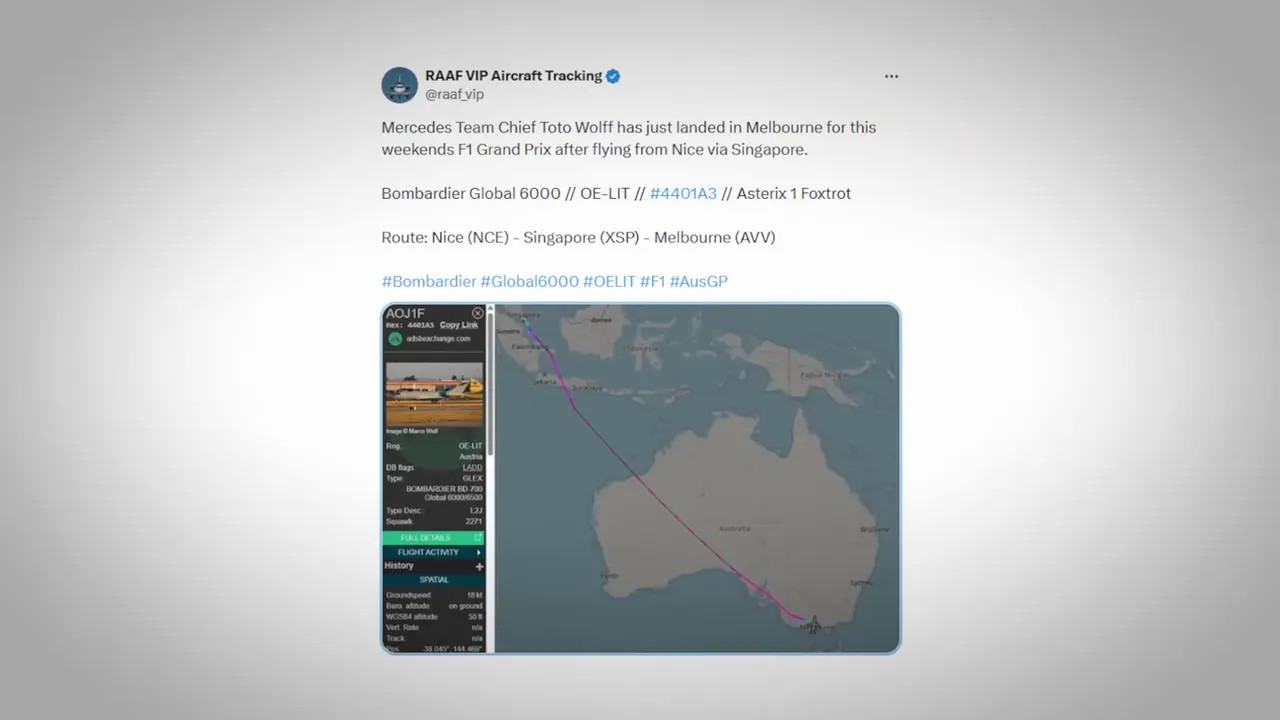 Screenshot identifying Toto Wolff’s Bombardier Global 6000 and OE-LIT registration