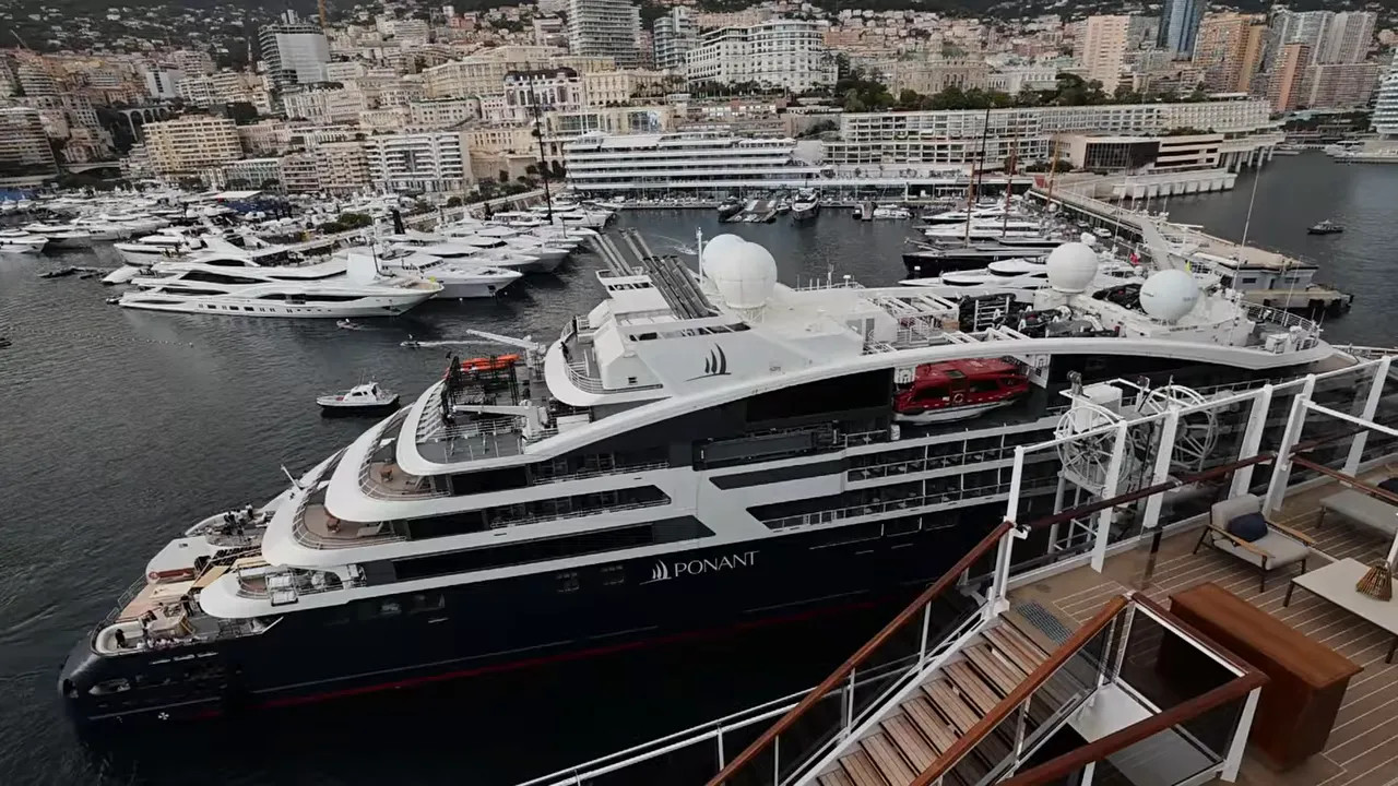 Pool deck on a luxury ship overlooking Monaco harbour