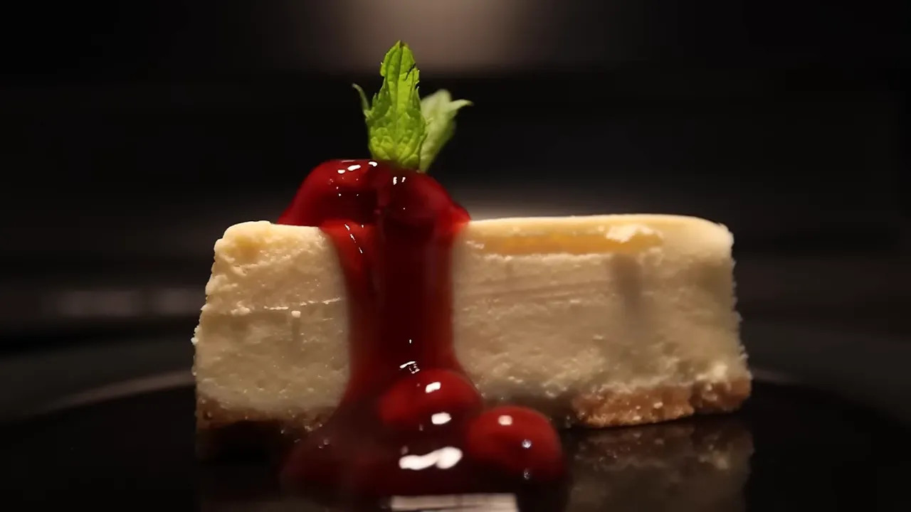 Slice of New York cheesecake topped with raspberry sauce and mint